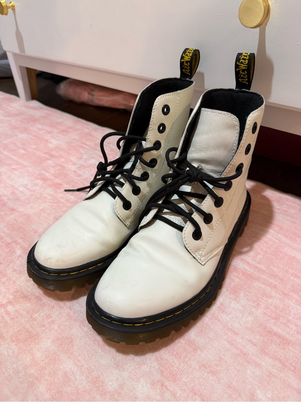 Dr. Martens White Leather Lace-Up Combat Boots with Black Soles
